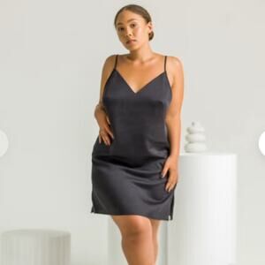 Ettitude Sateen LARGE Slip Dress Sleep Lounge Dress Onyx Black